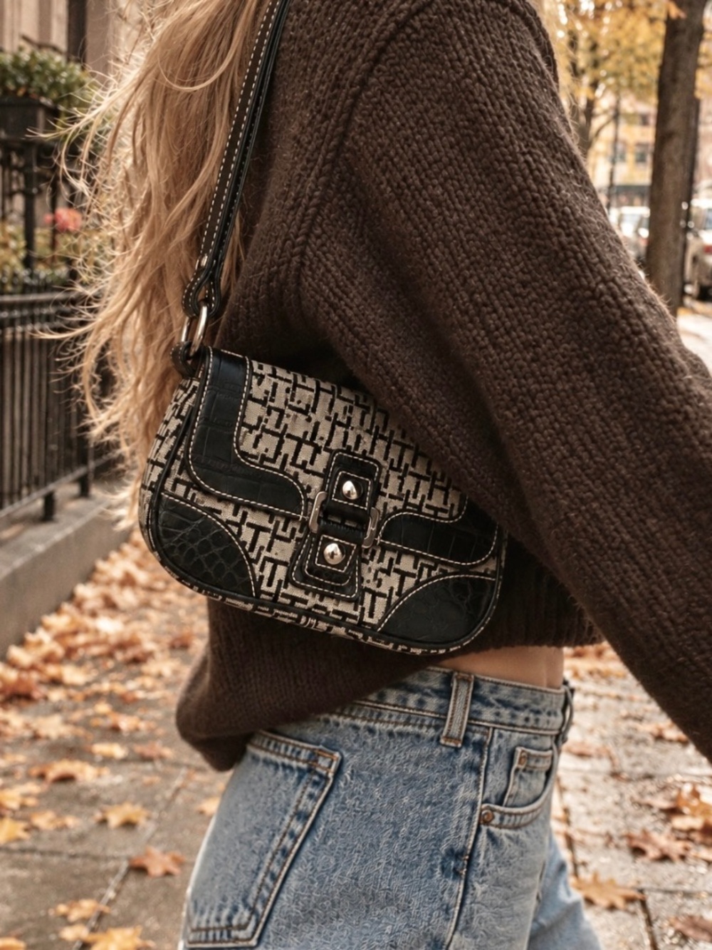 Tommy Hilfiger Handbag Woven Monogram Canvas Shoulder Bag with Black Trim